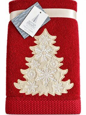 Christmas Tree Hand Towels Snowflake Appliqued Holiday Embroidered Red Set of 2